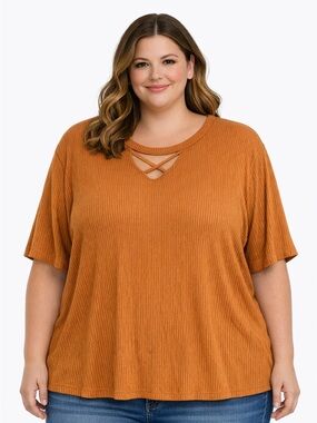 Ava & Viv 3X Ribbed Short Sleeve Crewneck Top- Terra Cotta NWT P2P:29 L:30
